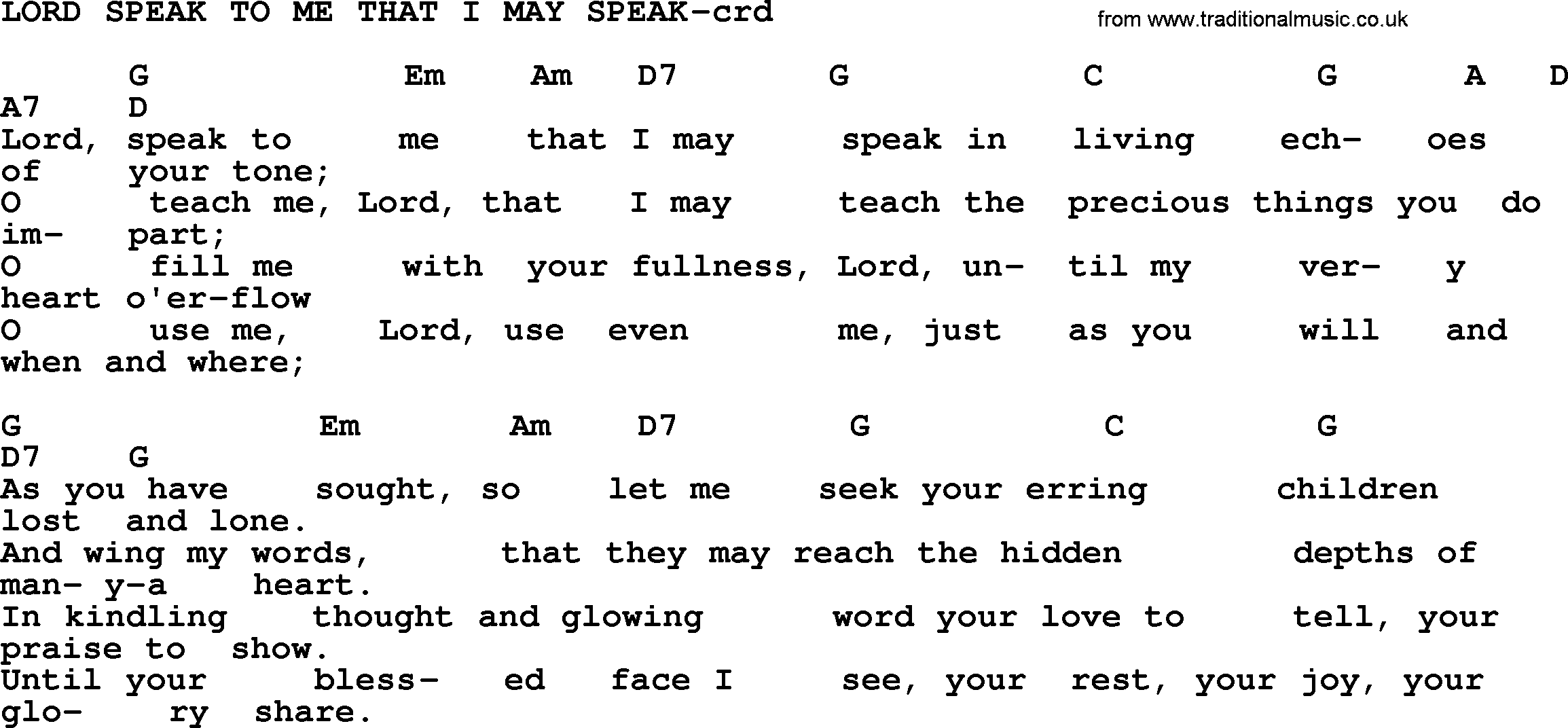 Top 500 Hymn: Lord Speak To Me That I May Speak, lyrics and chords
