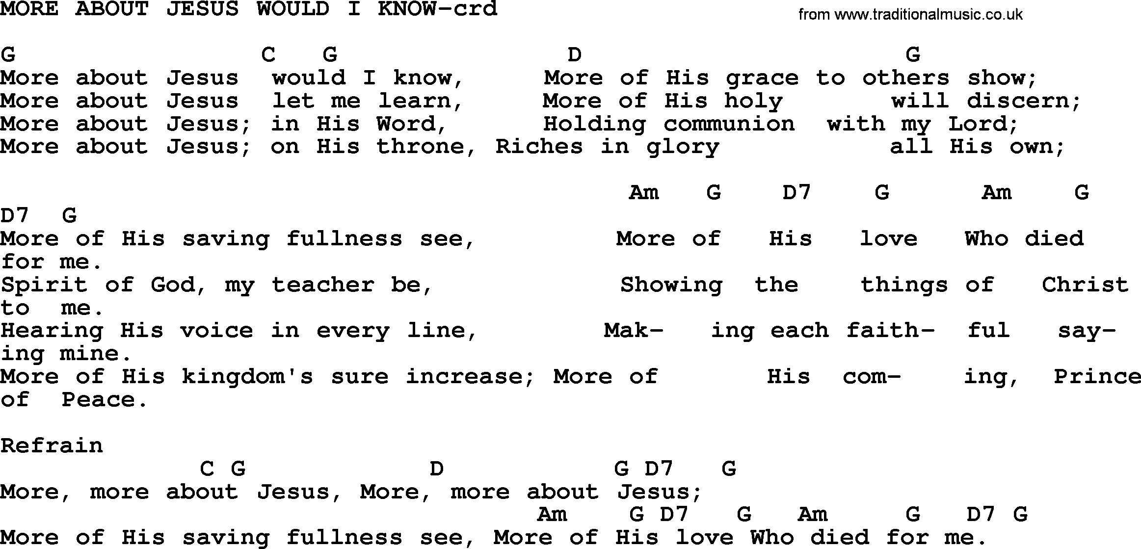 Top 500 Hymn: More About Jesus Would I Know, lyrics and chords