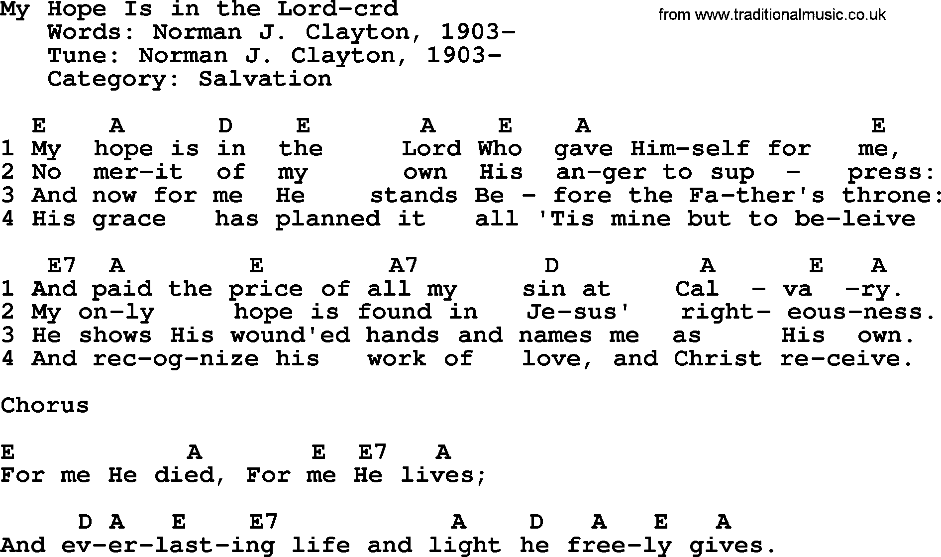 Top 500 Hymn: My Hope Is In The Lord, lyrics and chords