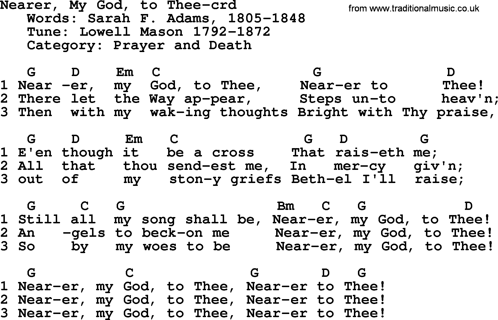 Top 500 Hymn: Nearer, My God, To Thee, lyrics and chords
