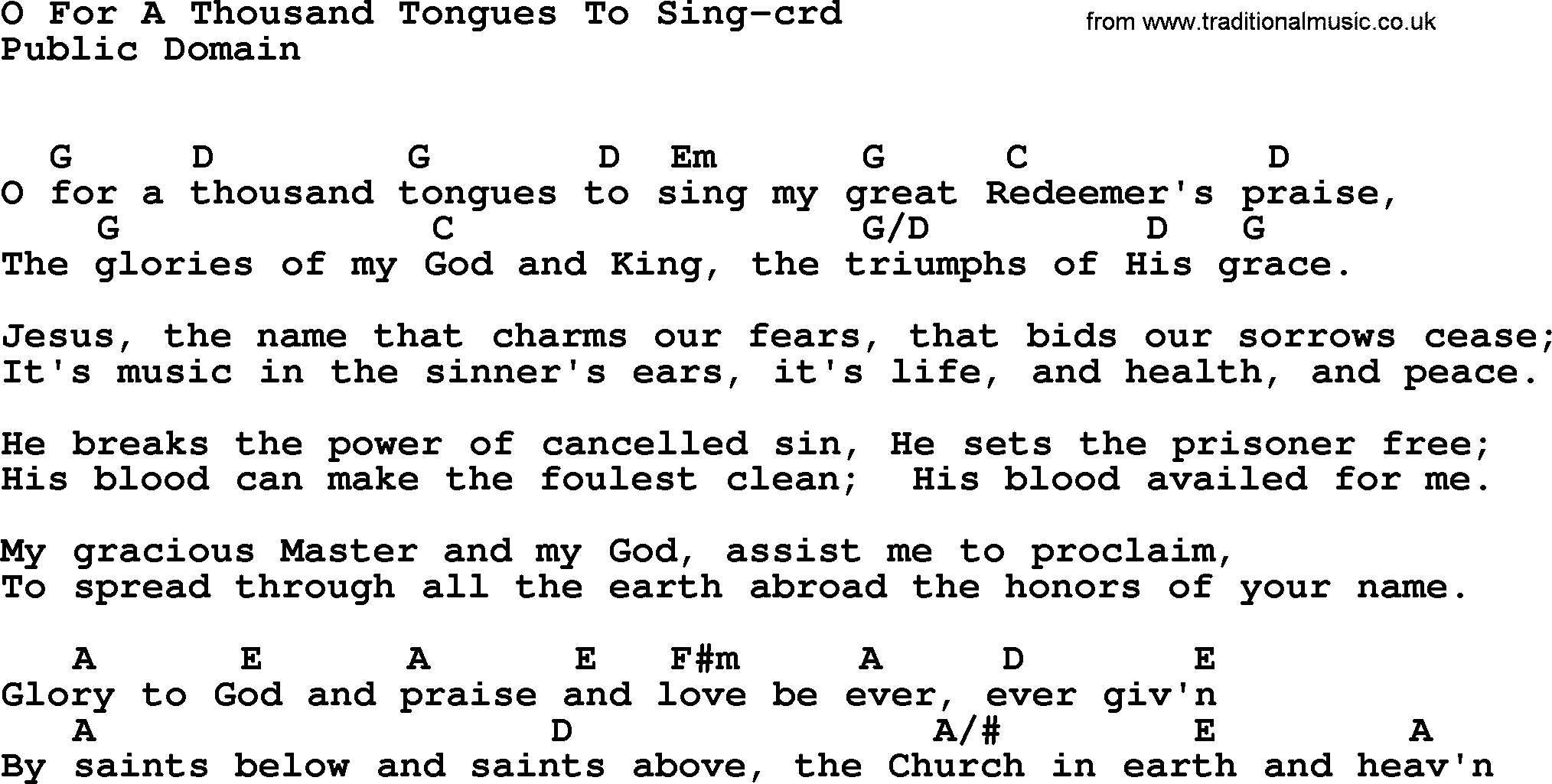 Top 500 Hymn: O For A Thousand Tongues To Sing, lyrics and chords