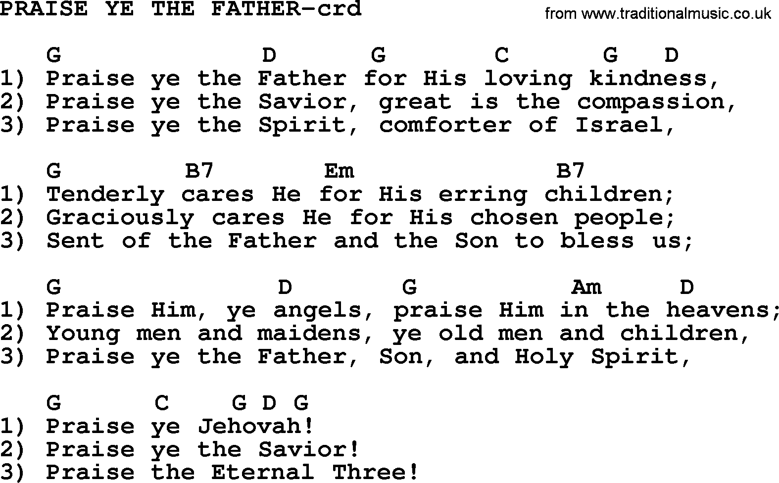 Top 500 Hymn: Praise Ye The Father, lyrics and chords