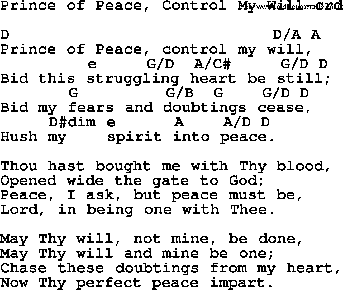 Top 500 Hymn: Prince Of Peace, Control My Will, lyrics and chords