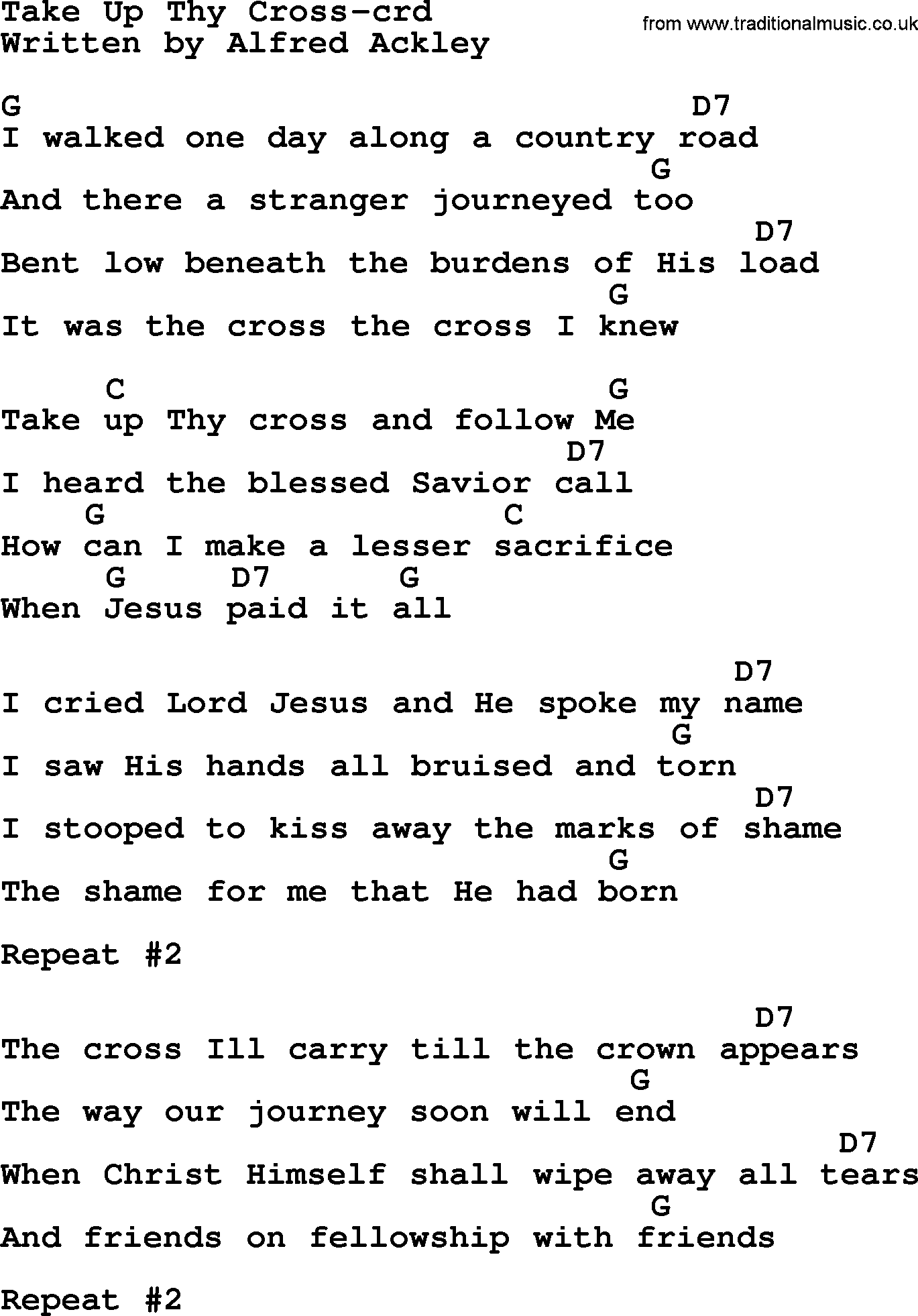 Top 500 Hymn: Take Up Thy Cross, lyrics and chords