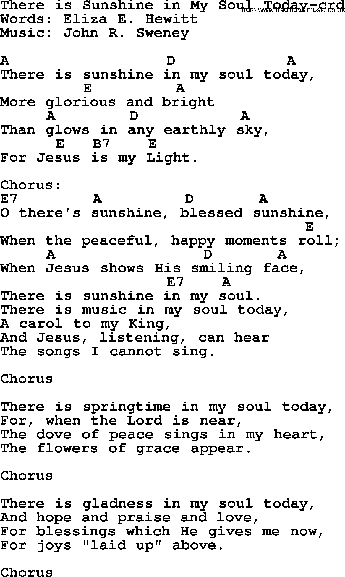 Top 500 Hymn: There Is Sunshine In My Soul Today, lyrics and chords