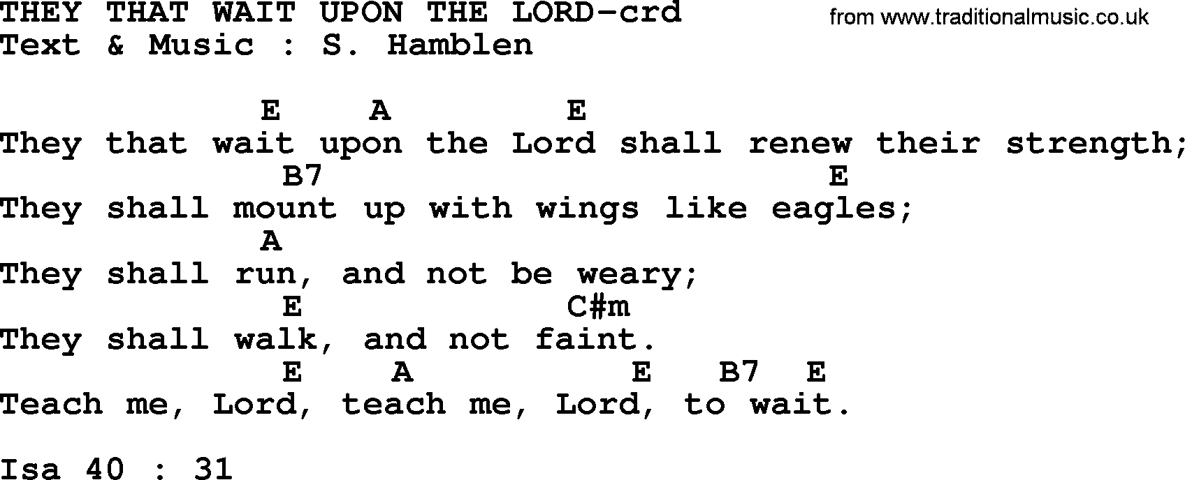 Top 500 Hymn: They That Wait Upon The Lord, lyrics and chords