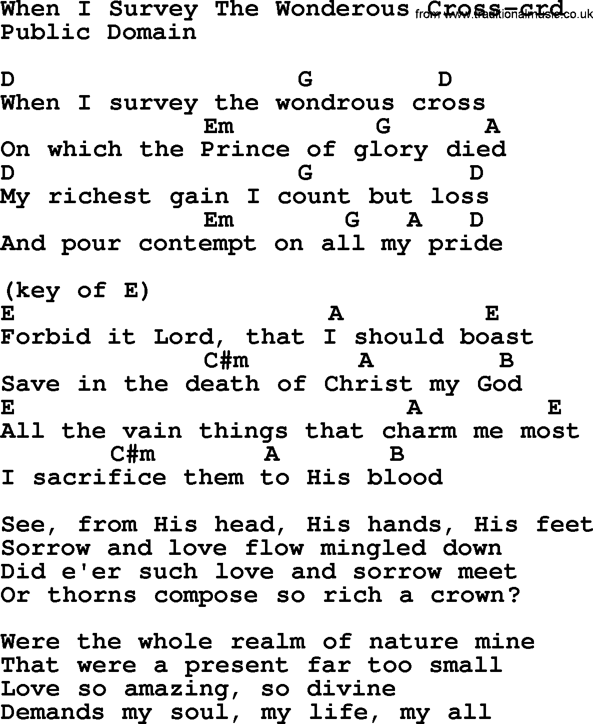 Top 500 Hymn: When I Survey The Wonderous Cross, lyrics and chords