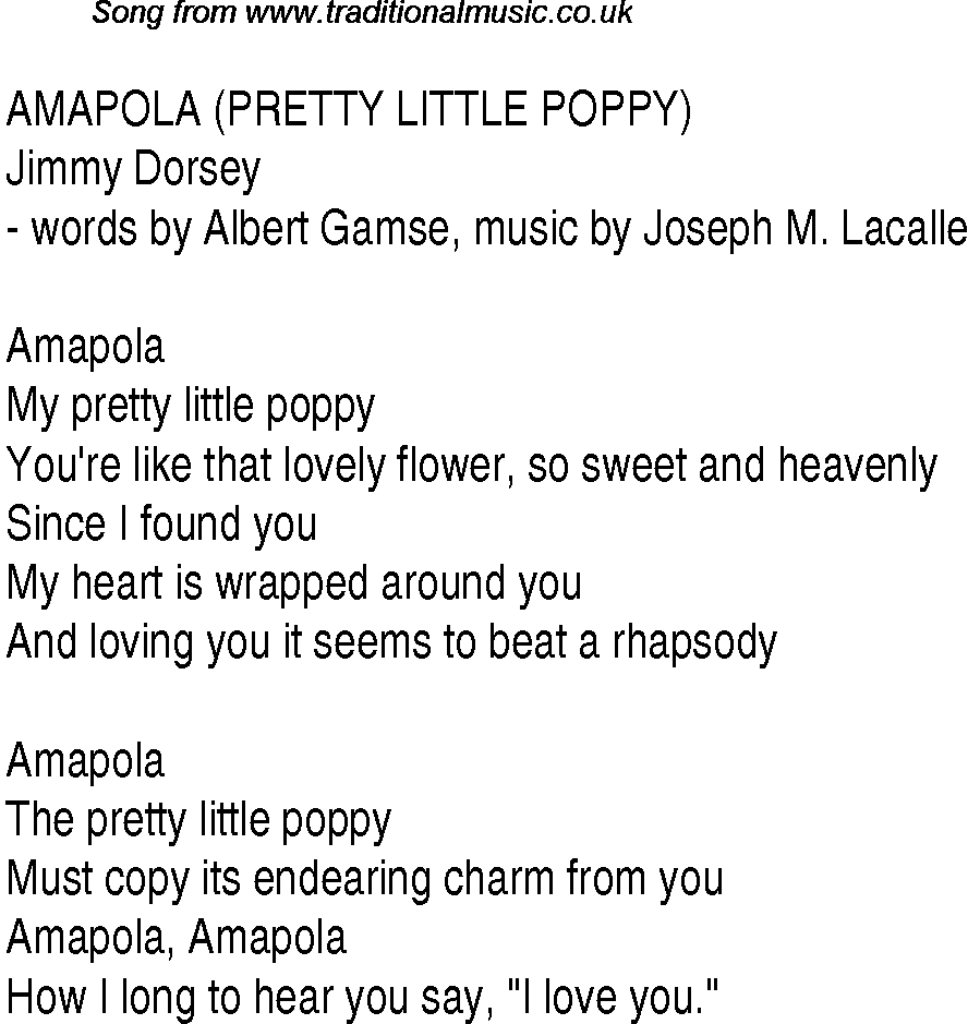 Music charts top songs 1941 - lyrics for Amapola