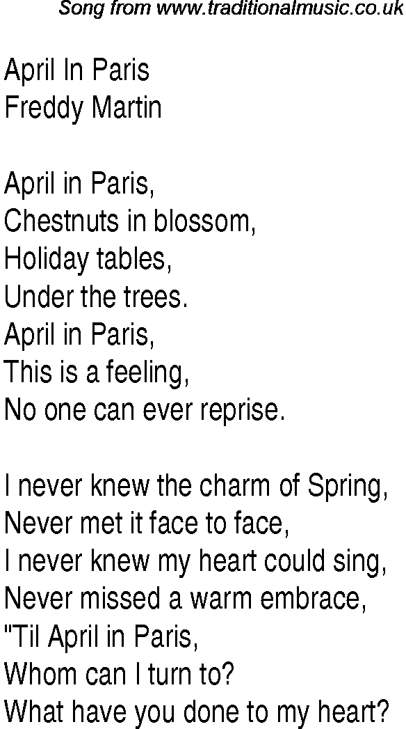 Music charts top songs 1934 - lyrics for April In Paris
