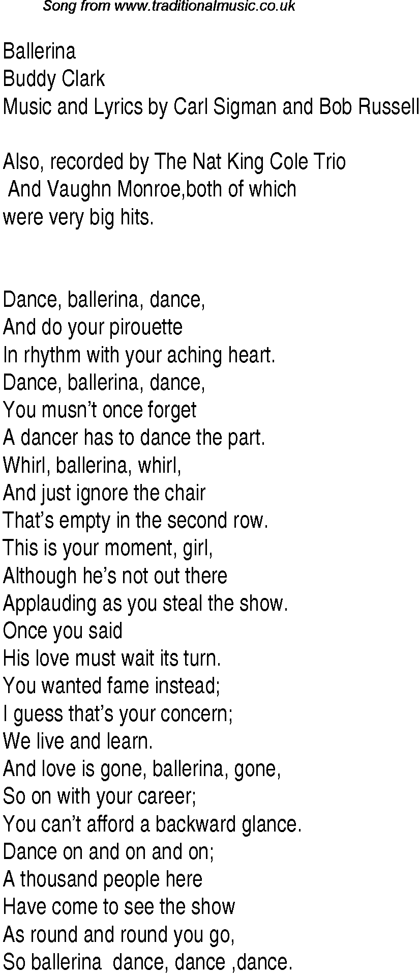Music charts top songs 1949 - lyrics for Ballerinabc