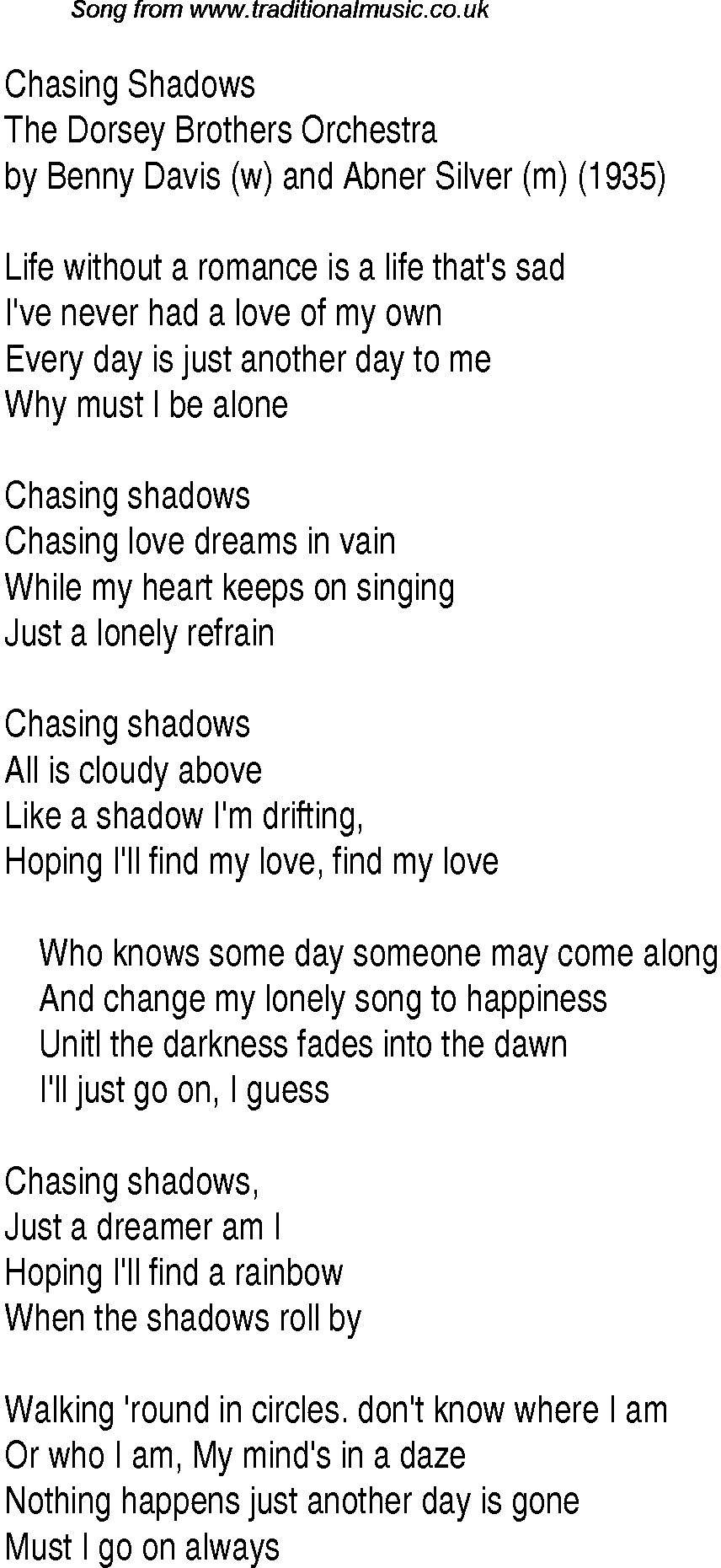 Music charts top songs 1935 - lyrics for Chasing Shadows