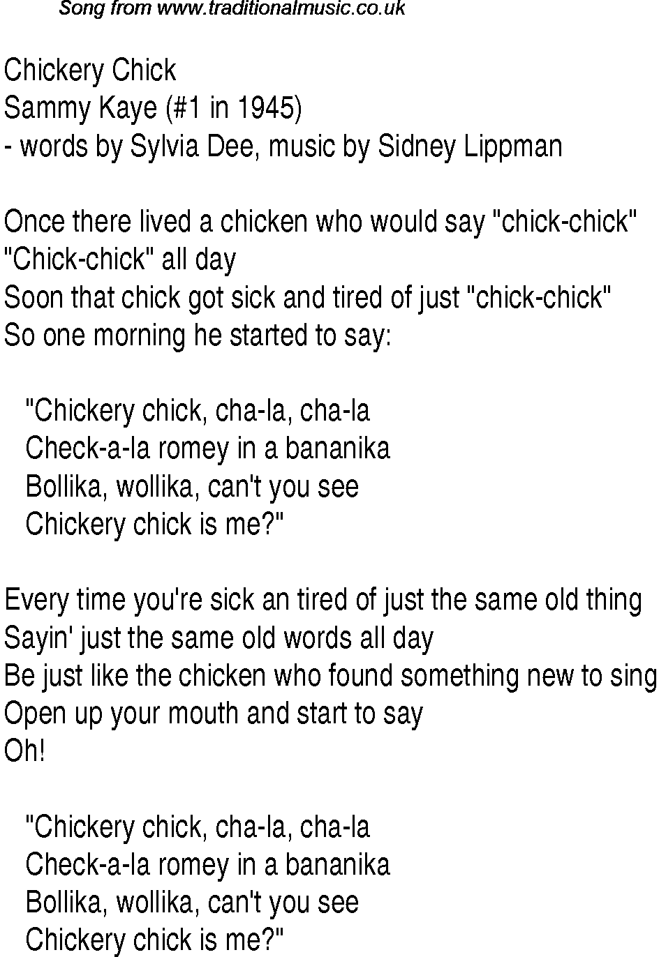 Music charts top songs 1945 - lyrics for Chickery Chick