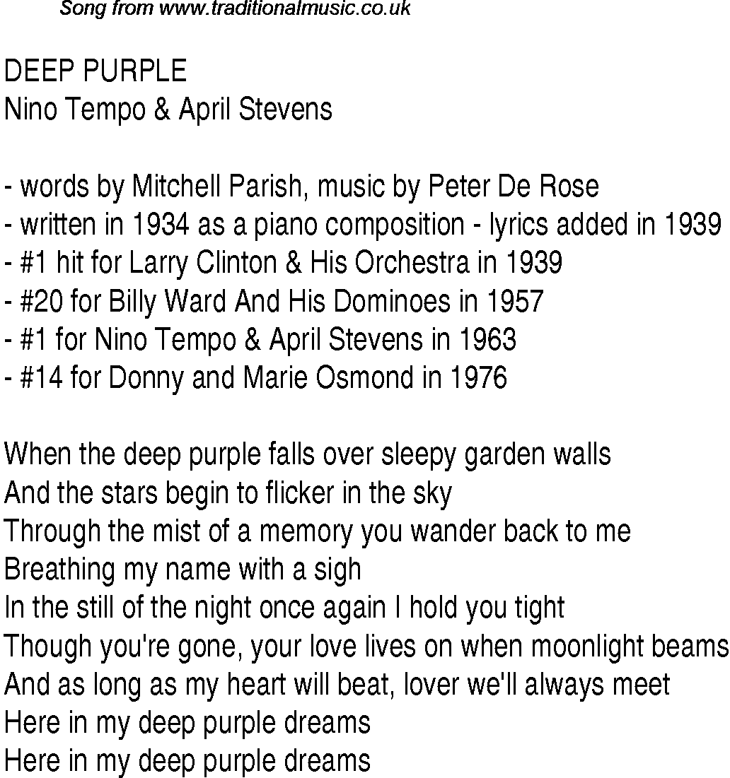 Music charts top songs 1939 - lyrics for Deep Purple