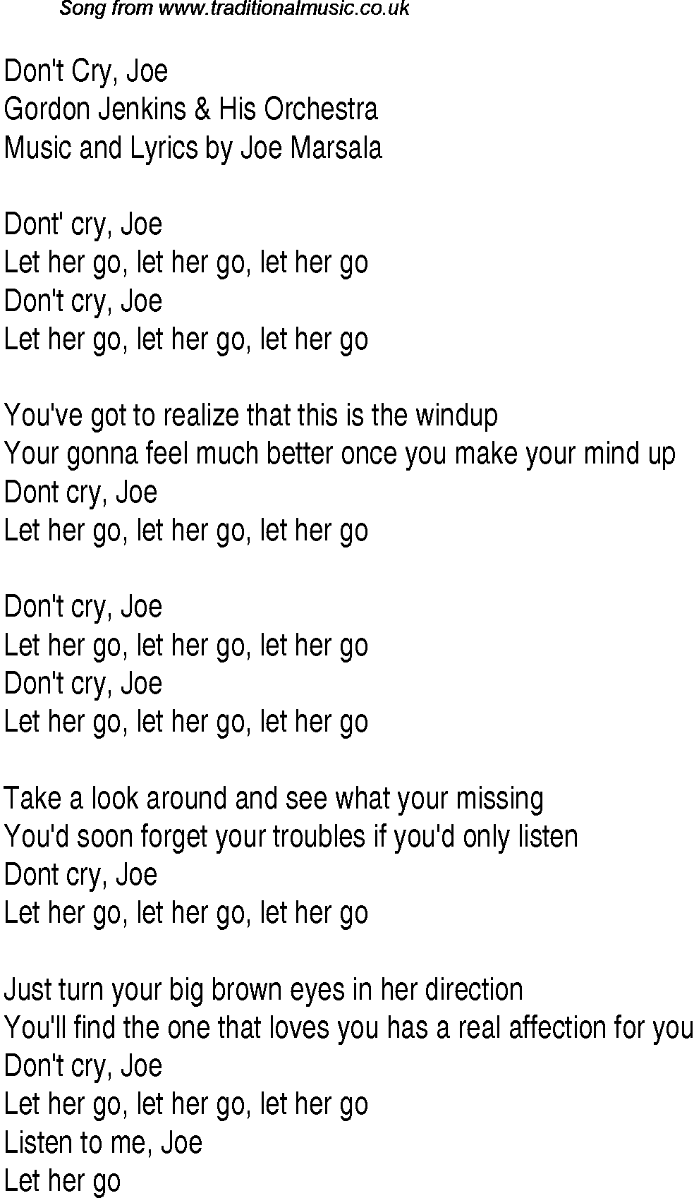 Music charts top songs 1949 - lyrics for Dont Cry Joe