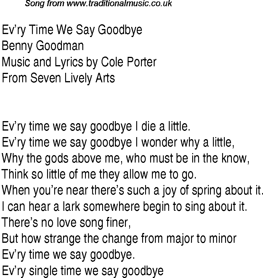 Music charts top songs 1945 - lyrics for Evry Time We Say Goodbyebg