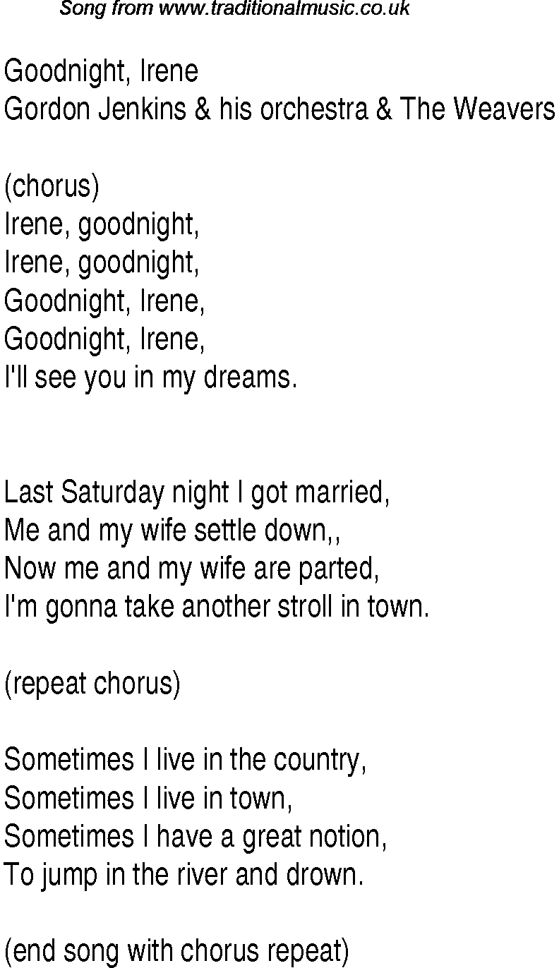 Music charts top songs 1948 - lyrics for Goodnight Irene