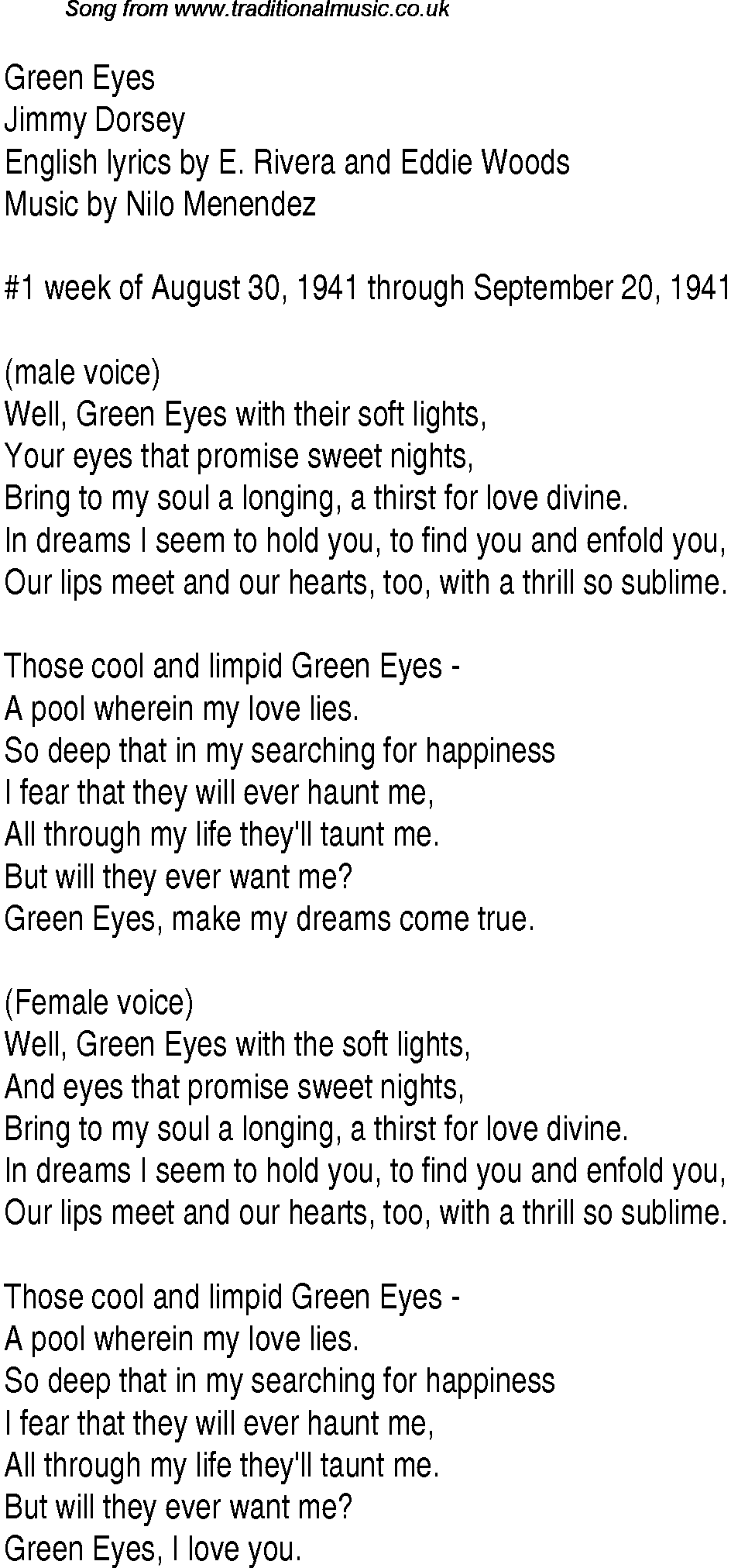 Music charts top songs 1941 - lyrics for Green Eyes