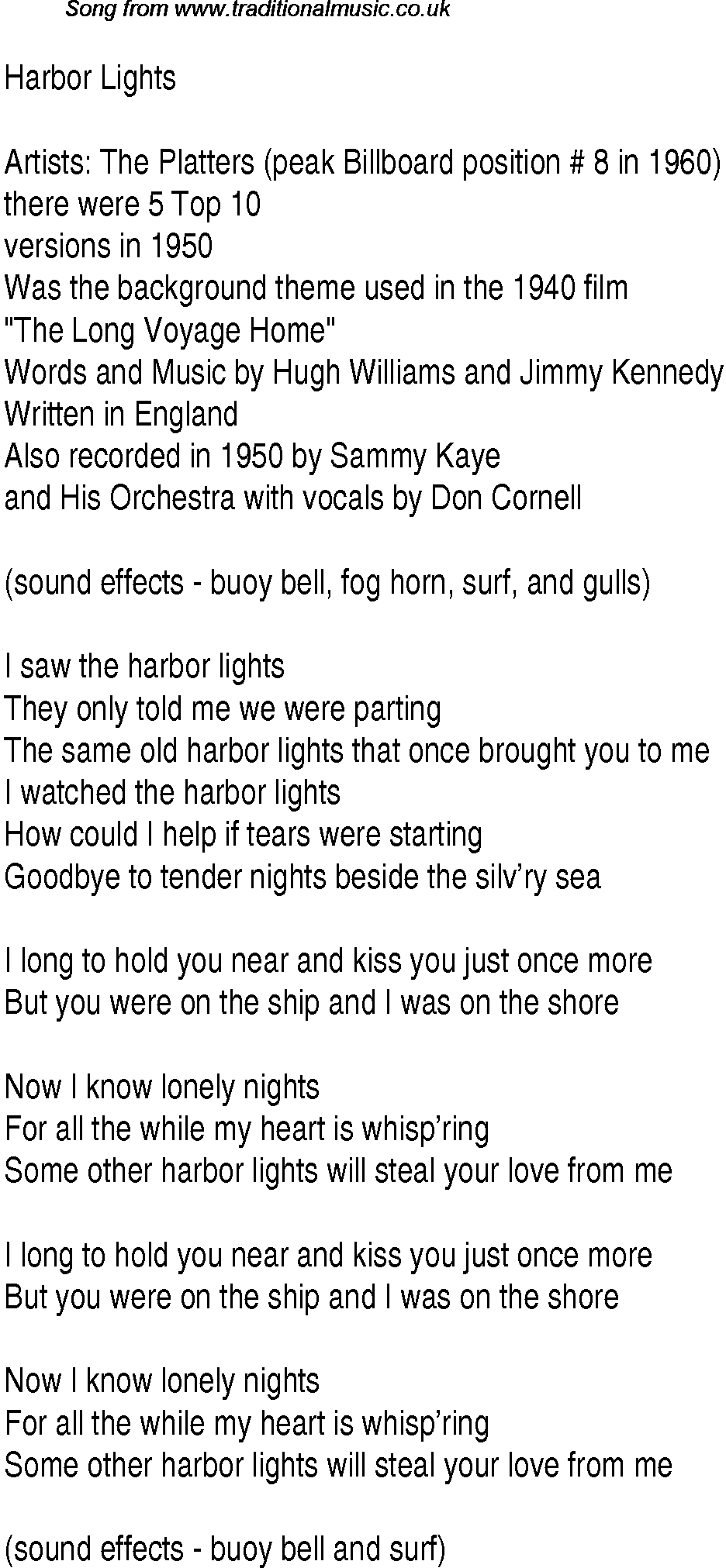 Music charts top songs 1948 - lyrics for Harbor Lights