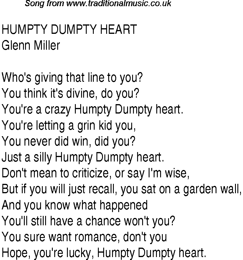 Music charts top songs 1942 - lyrics for Humpty Dumpty Heart
