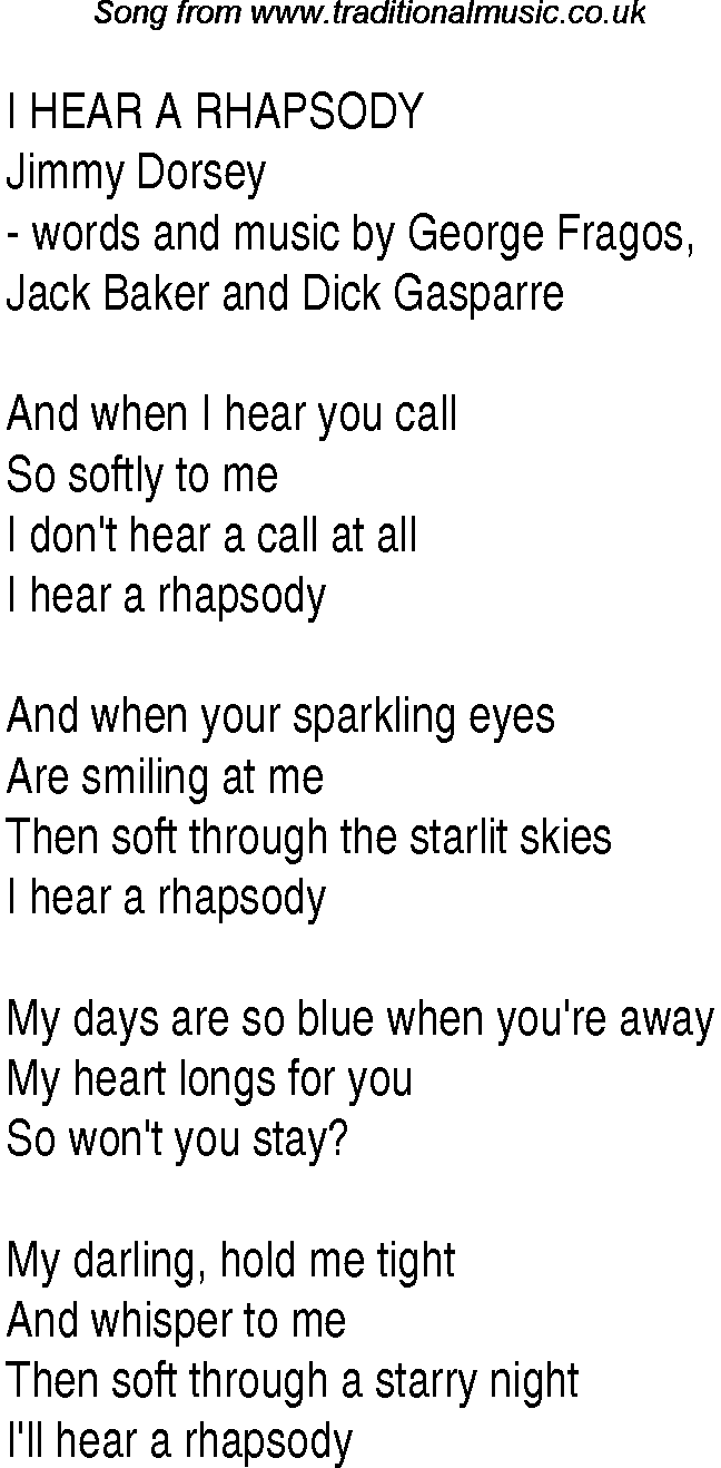 Music charts top songs 1941 - lyrics for I Hear A Rhapsody
