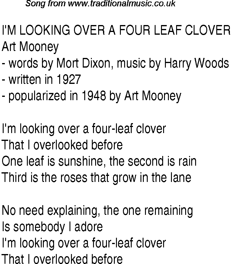 Music charts top songs 1949 - lyrics for Im Looking Over A Four Leaf Clover