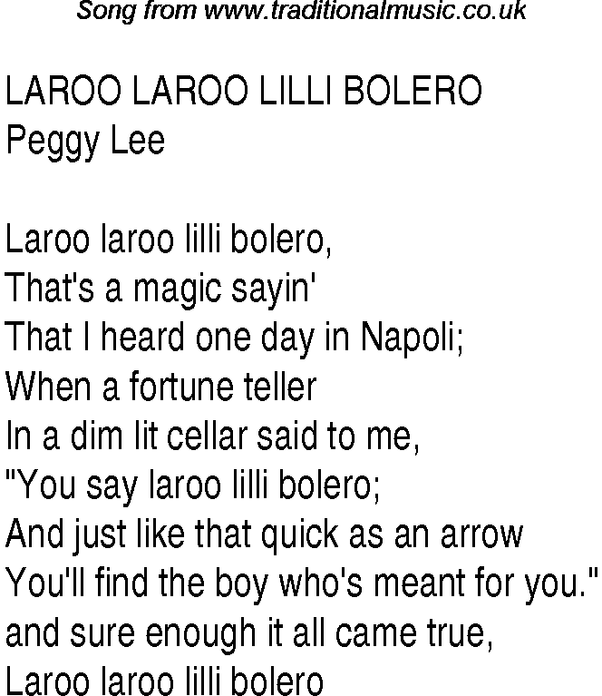 Music charts top songs 1949 - lyrics for Laroo Laroo Lilli Bolero