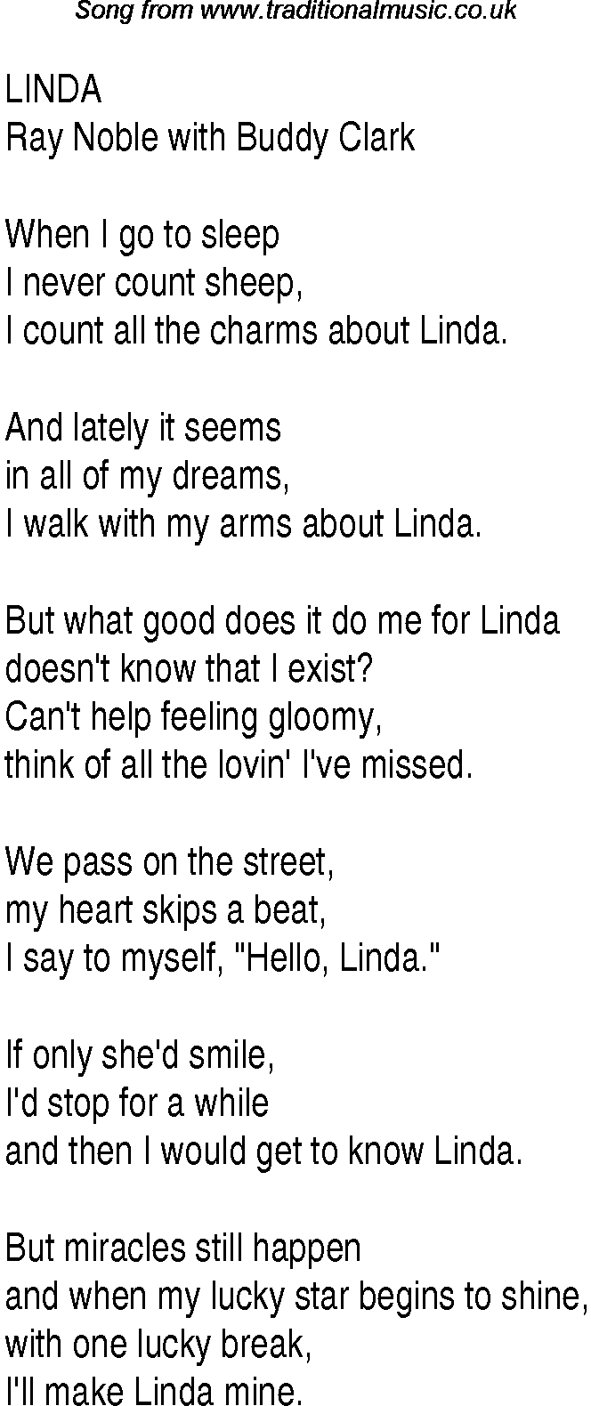 Music charts top songs 1947 - lyrics for Linda