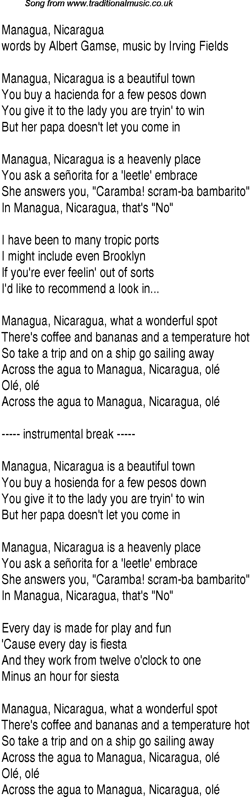 Music charts top songs 1947 - lyrics for Managua Nicaragua