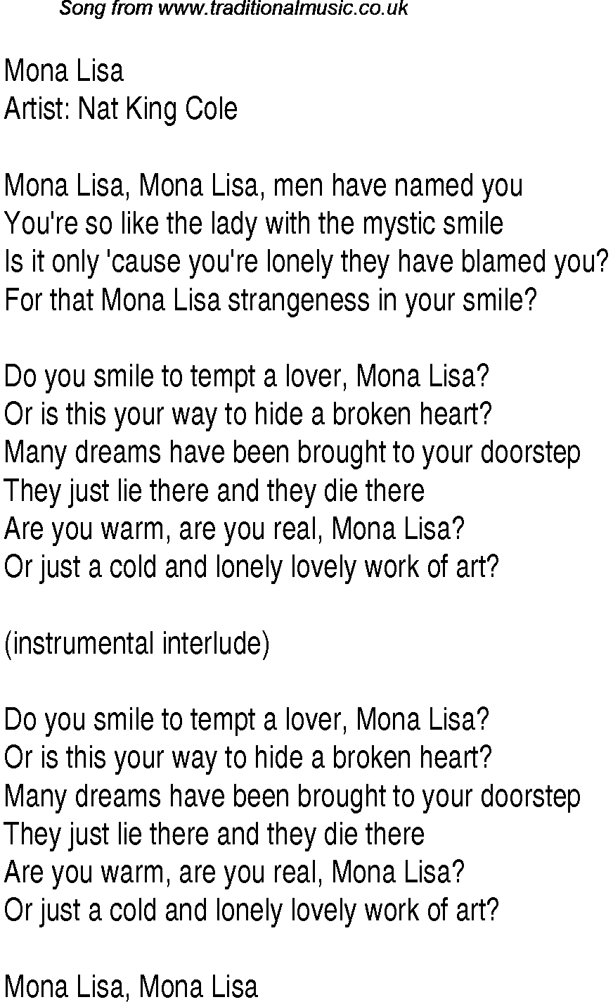 Music charts top songs 1948 - lyrics for Mona Lisa