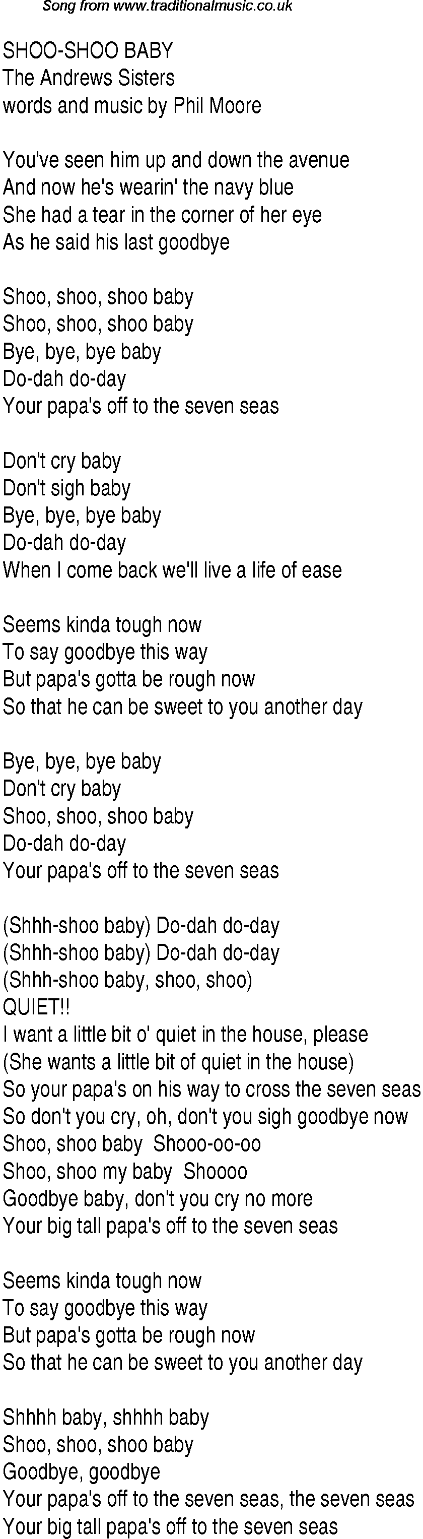 Music charts top songs 1944 - lyrics for Shoo Shoo Baby