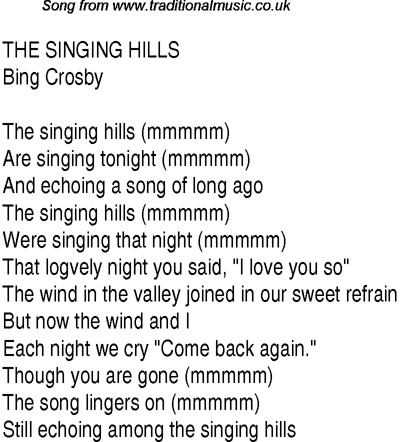 Music charts top songs 1940 - lyrics for Singing Hills