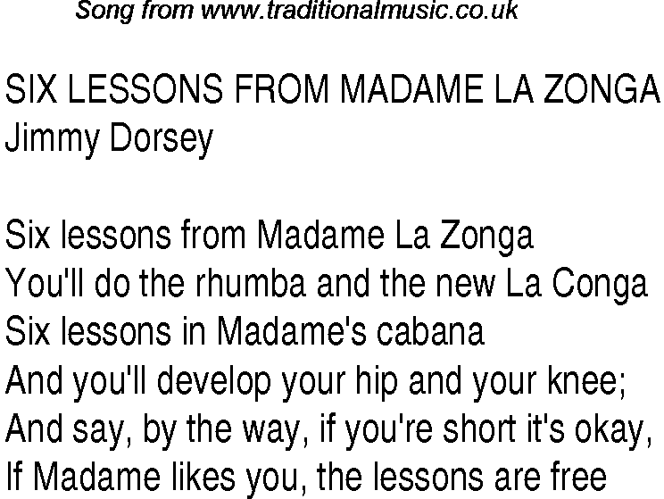 Music charts top songs 1940 - lyrics for Six Lessons From Madame Lazonga