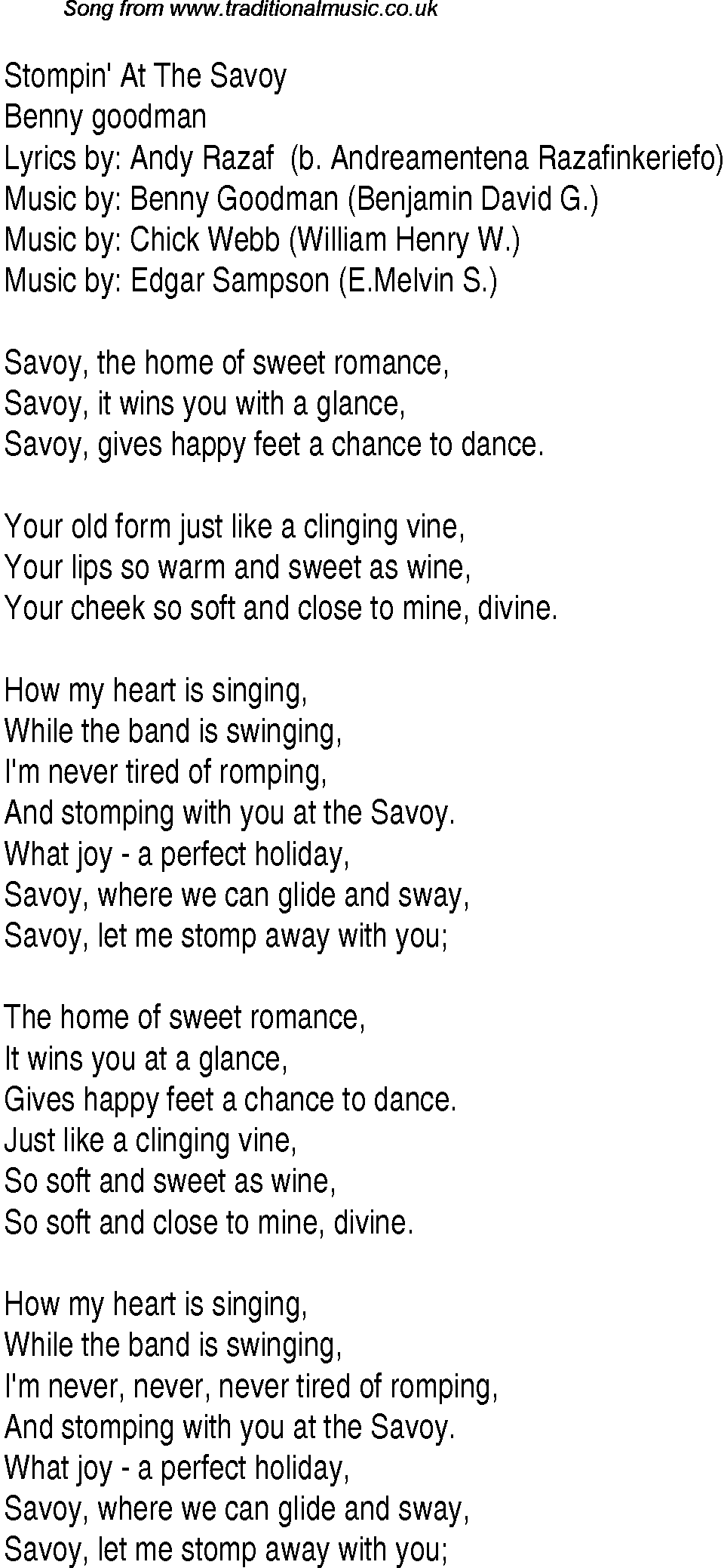 Music charts top songs 1937 - lyrics for Stompin At The Savoy