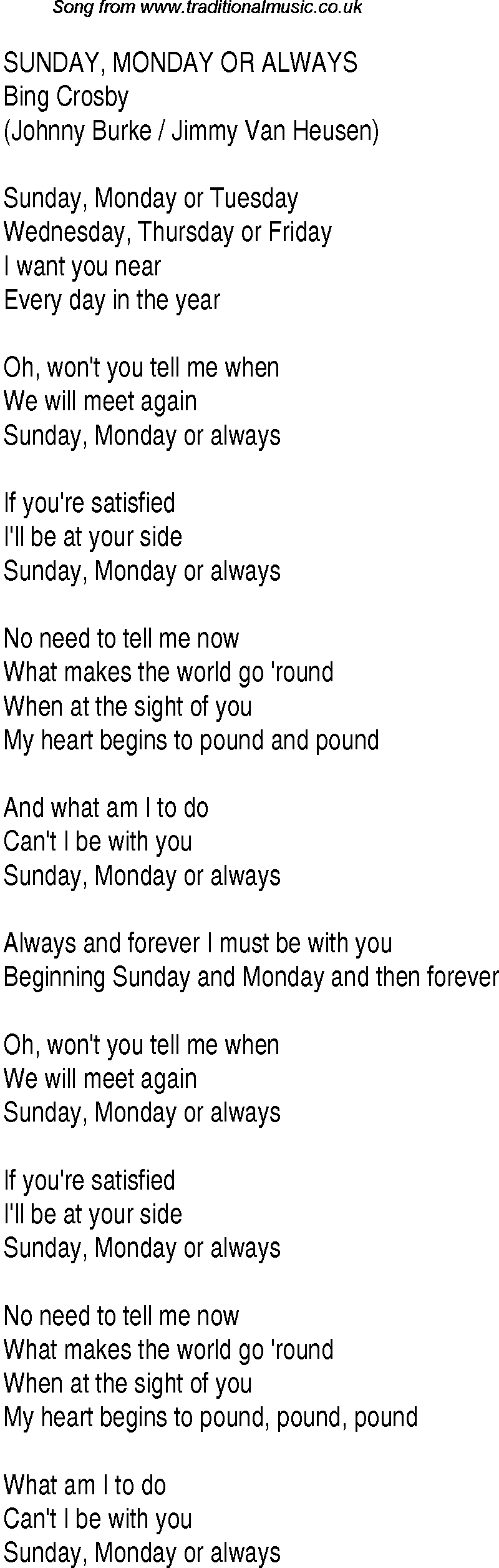 Music charts top songs 1943 - lyrics for Sunday Monday Or Always