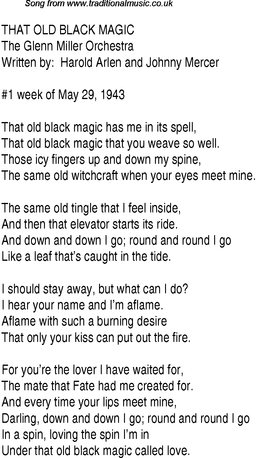 Music charts top songs 1943 - lyrics for That Old Black Magicgm