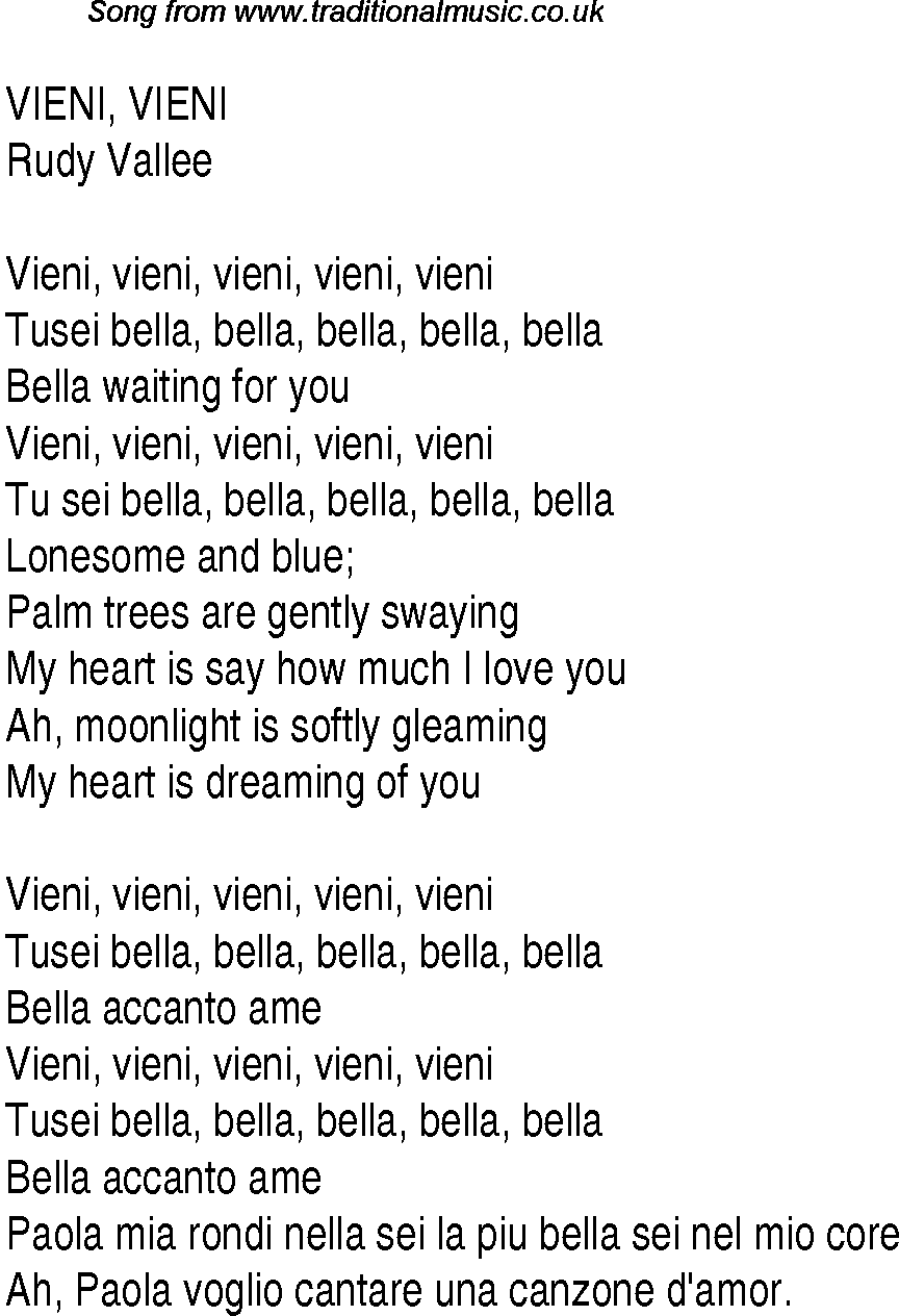 Music charts top songs 1937 - lyrics for Vieni Vieni