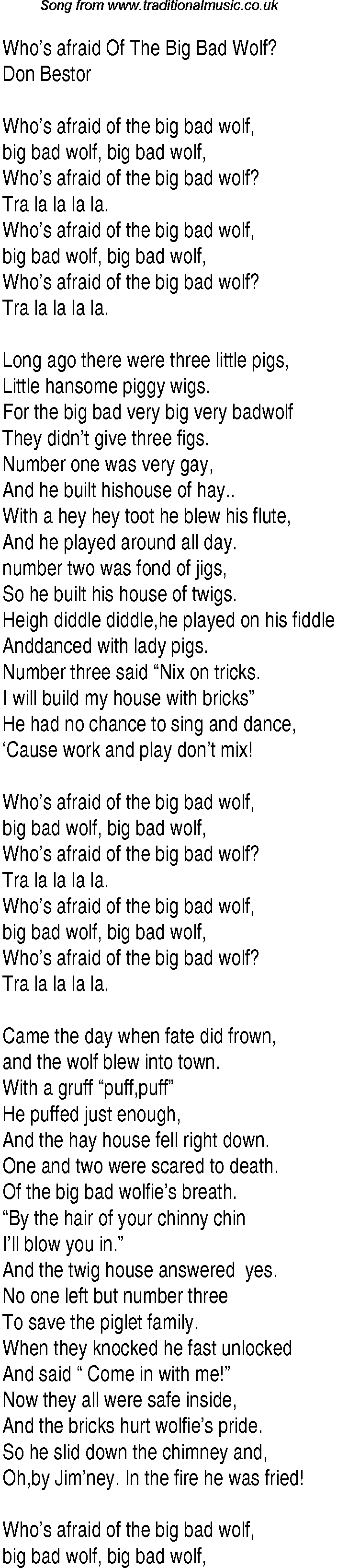 Music charts top songs 1933 - lyrics for Whos Afraid Of The Big Bad Wolf