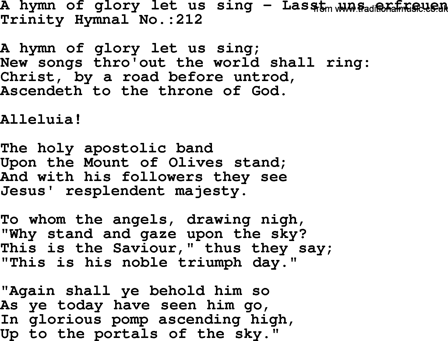 Trinity Hymnal Hymn: A Hymn Of Glory Let Us Sing--Lasst Uns Erfreuen, lyrics with midi music