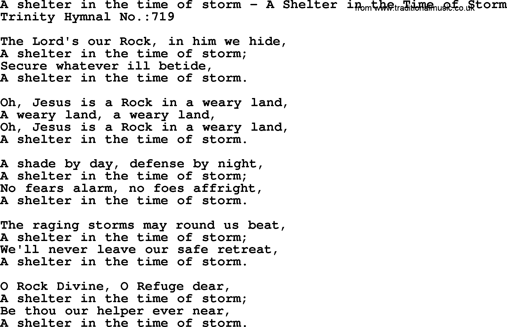 Trinity Hymnal Hymn: A Shelter In The Time Of Storm--A Shelter In The Time Of Storm, lyrics with midi music