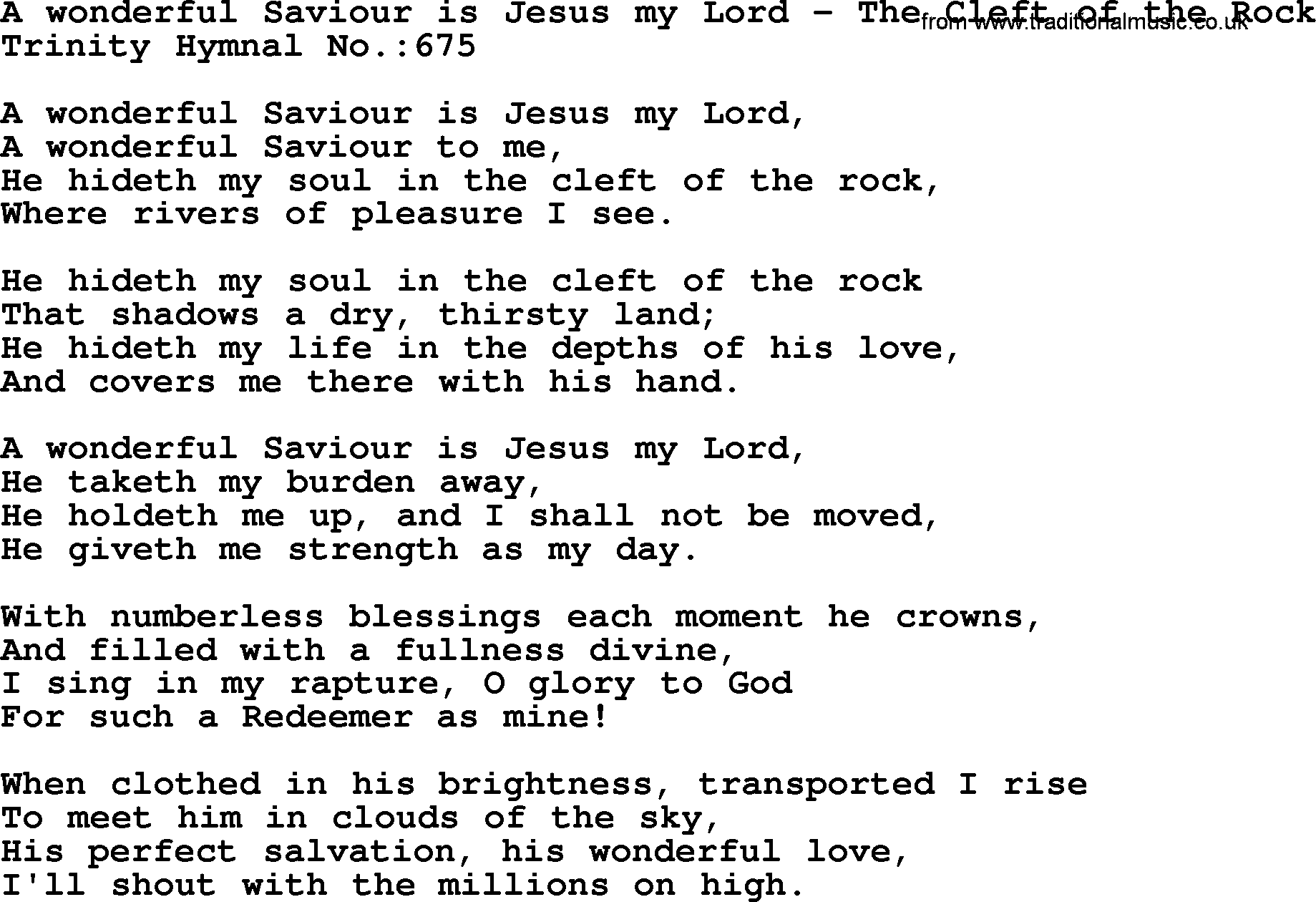 Trinity Hymnal Hymn: A Wonderful Saviour Is Jesus My Lord--The Cleft Of The Rock, lyrics with midi music