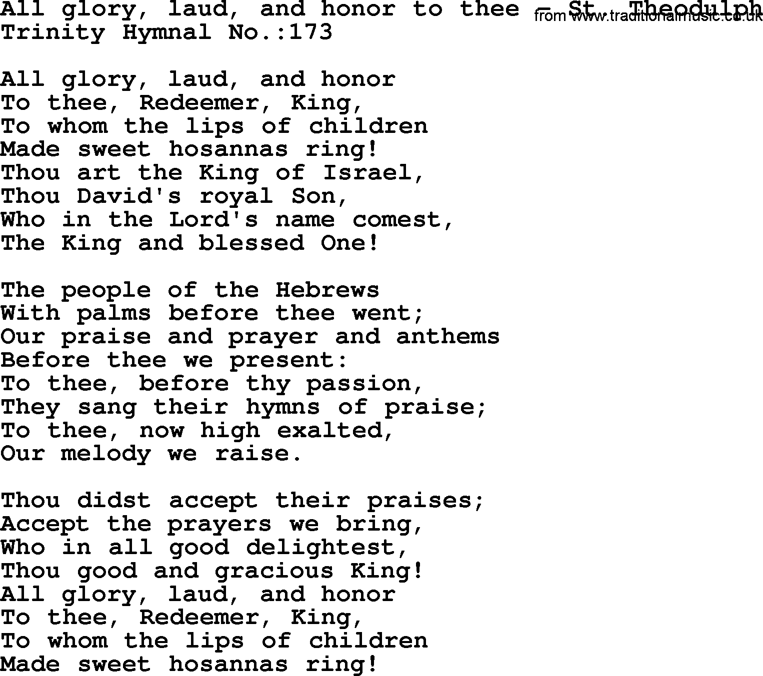 Trinity Hymnal Hymn: All Glory, Laud, And Honor To Thee--St. Theodulph, lyrics with midi music