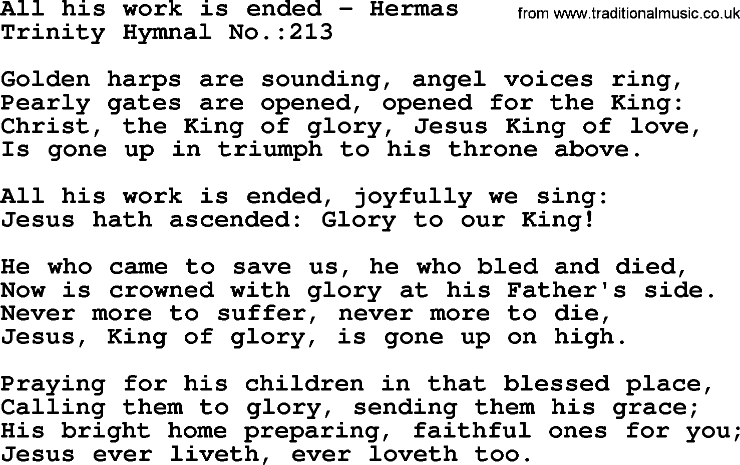 Trinity Hymnal Hymn: All His Work Is Ended--Hermas, lyrics with midi music