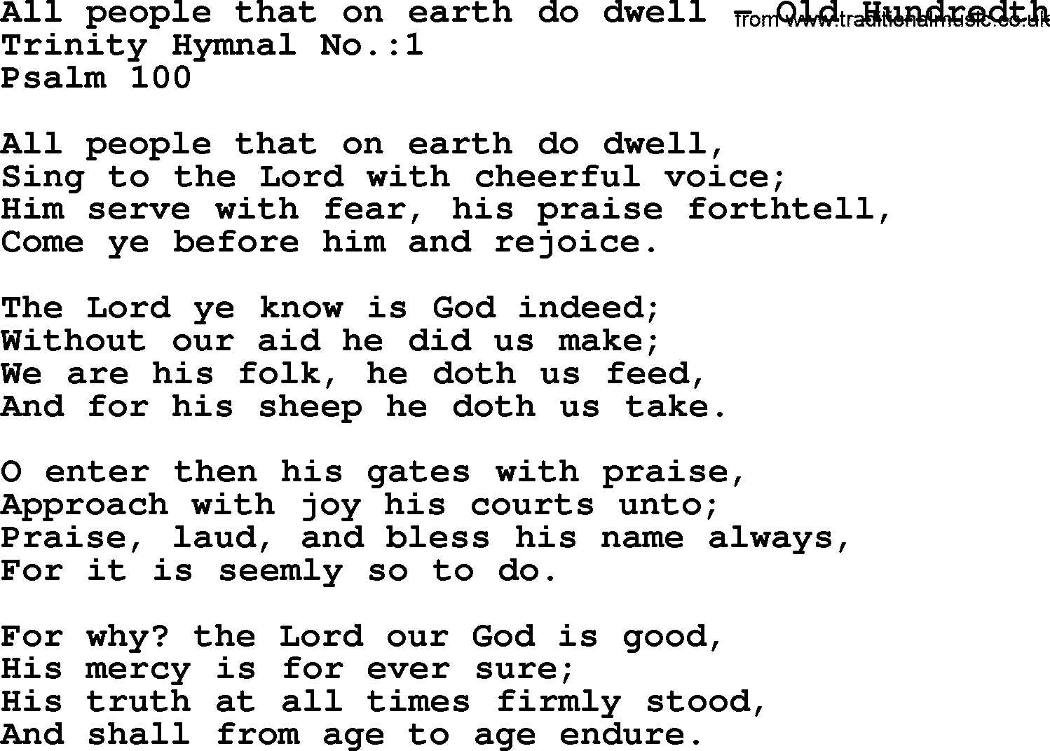 Trinity Hymnal Hymn: All People That On Earth Do Dwell--Old Hundredth, lyrics with midi music