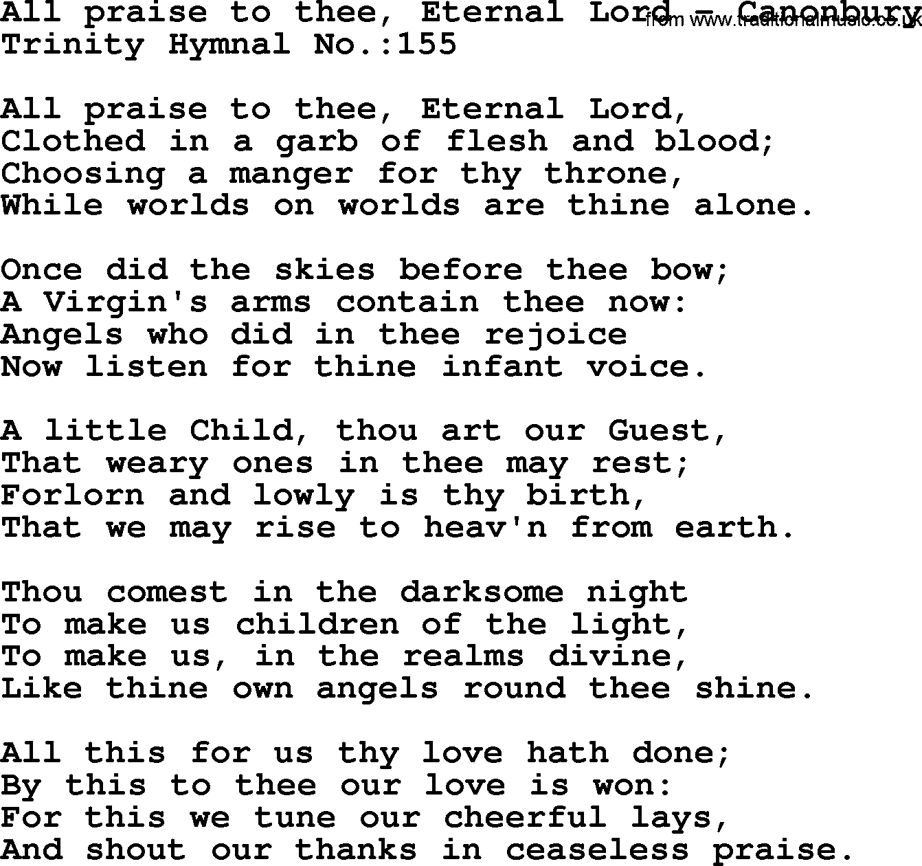 Trinity Hymnal Hymn: All Praise To Thee, Eternal Lord--Canonbury, lyrics with midi music