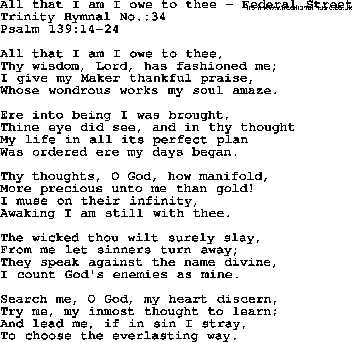 Trinity Hymnal Hymn: All That I Am I Owe To Thee--Federal Street, lyrics with midi music