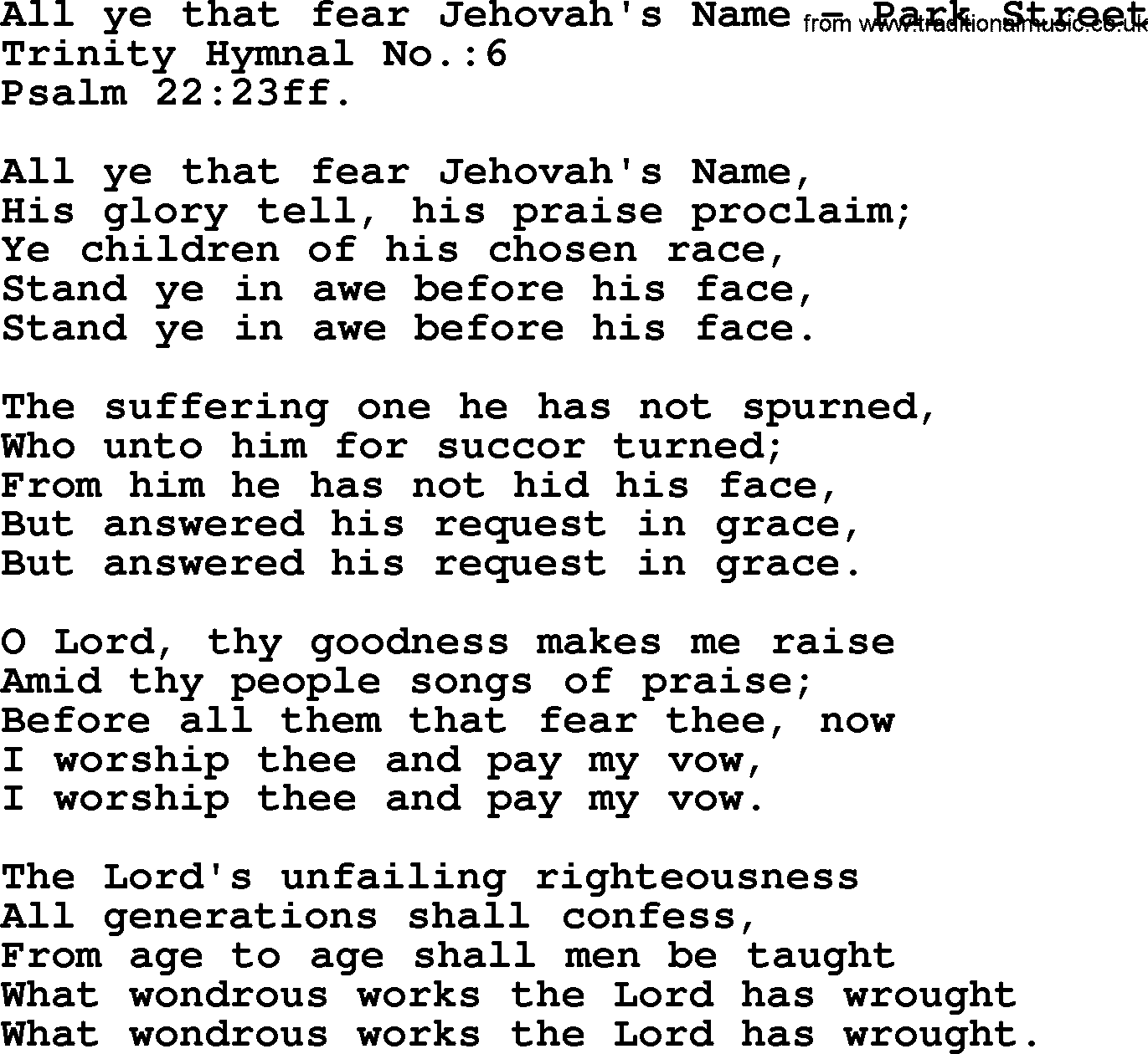 Trinity Hymnal Hymn: All Ye That Fear Jehovah's Name--Park Street, lyrics with midi music