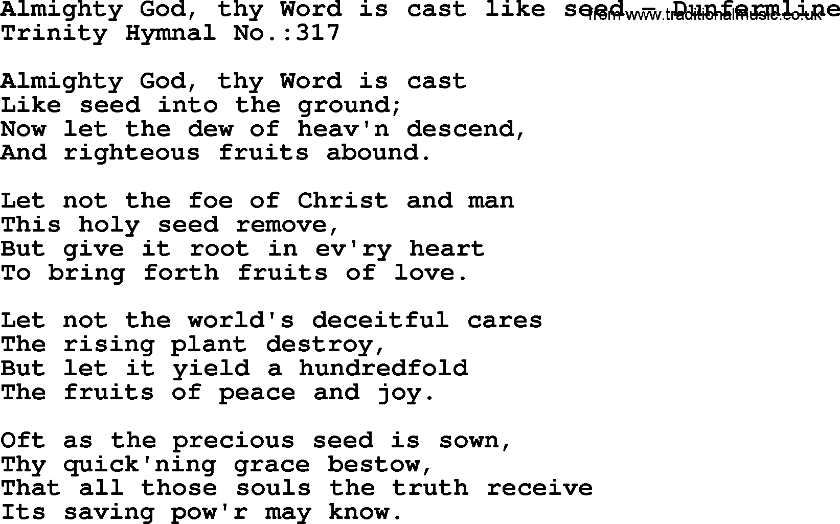Trinity Hymnal Hymn: Almighty God, Thy Word Is Cast Like Seed--Dunfermline, lyrics with midi music