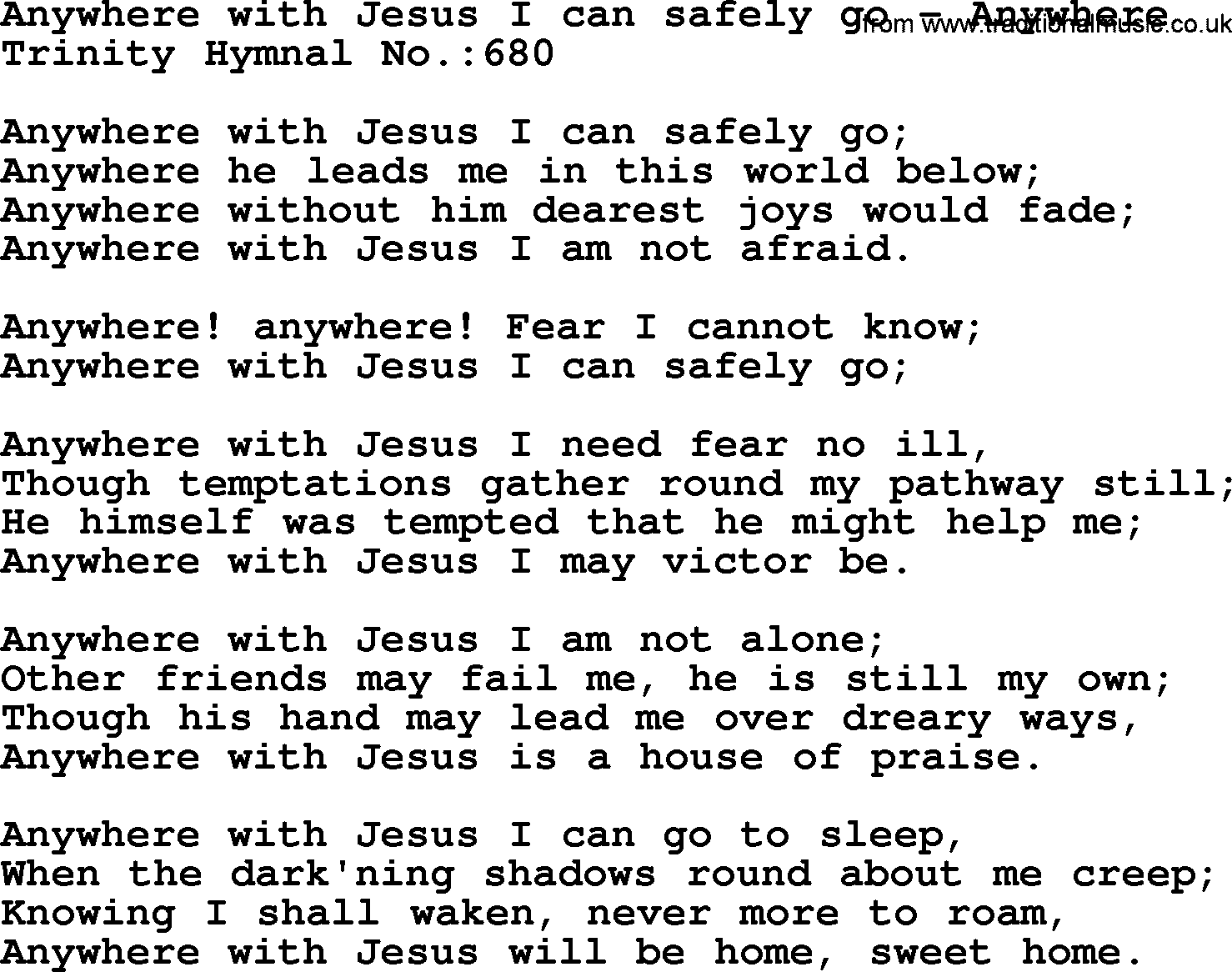 Trinity Hymnal Hymn: Anywhere With Jesus I Can Safely Go--Anywhere, lyrics with midi music