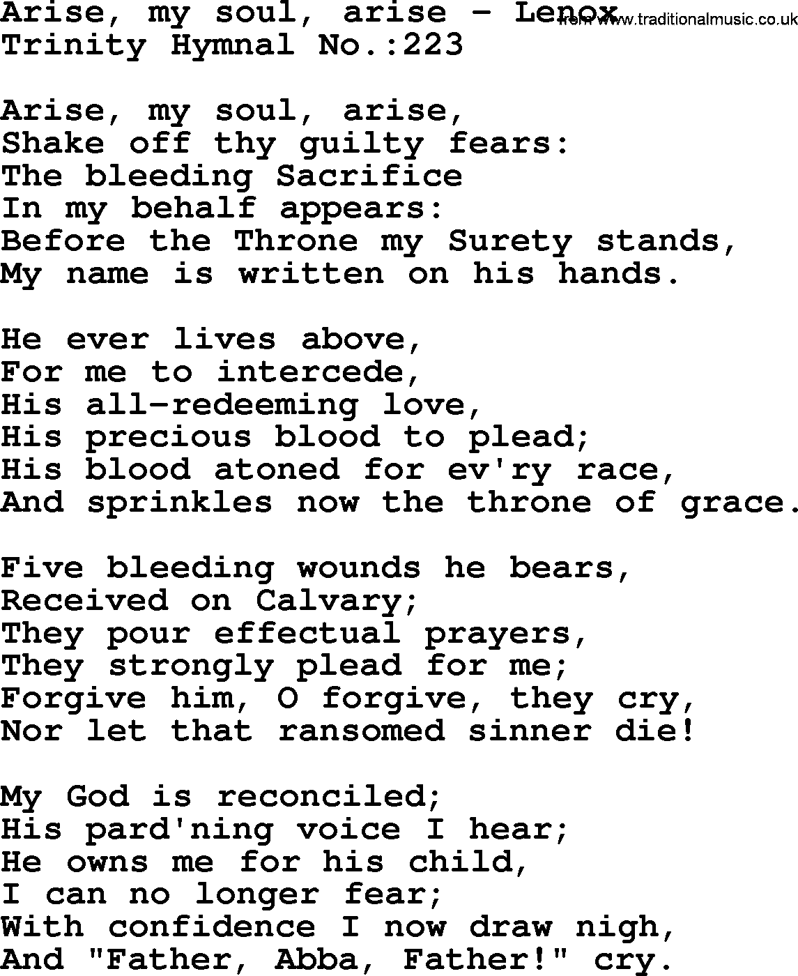 Trinity Hymnal Hymn: Arise, My Soul, Arise--Lenox, lyrics with midi music