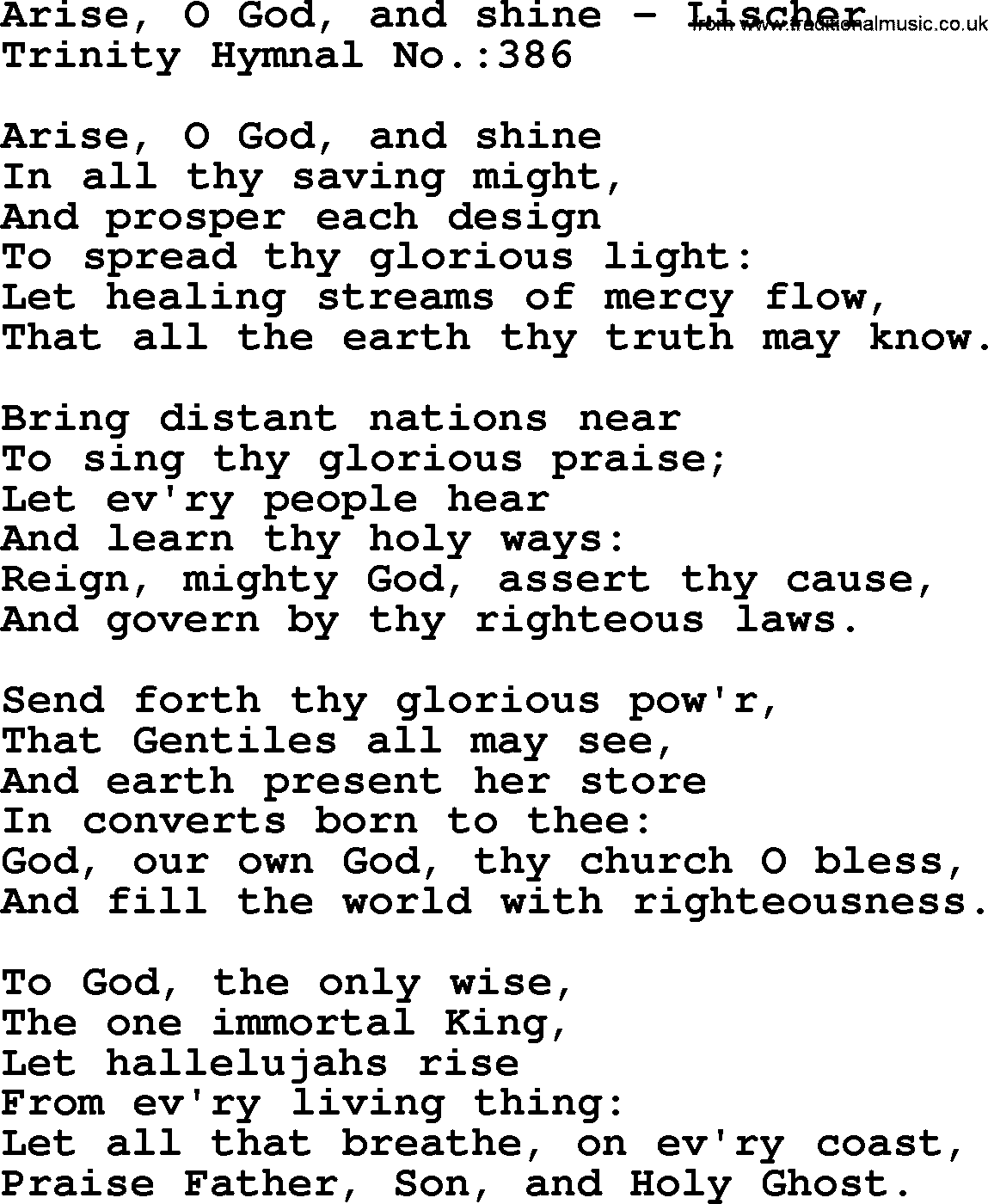 Trinity Hymnal Hymn: Arise, O God, And Shine--Lischer, lyrics with midi music